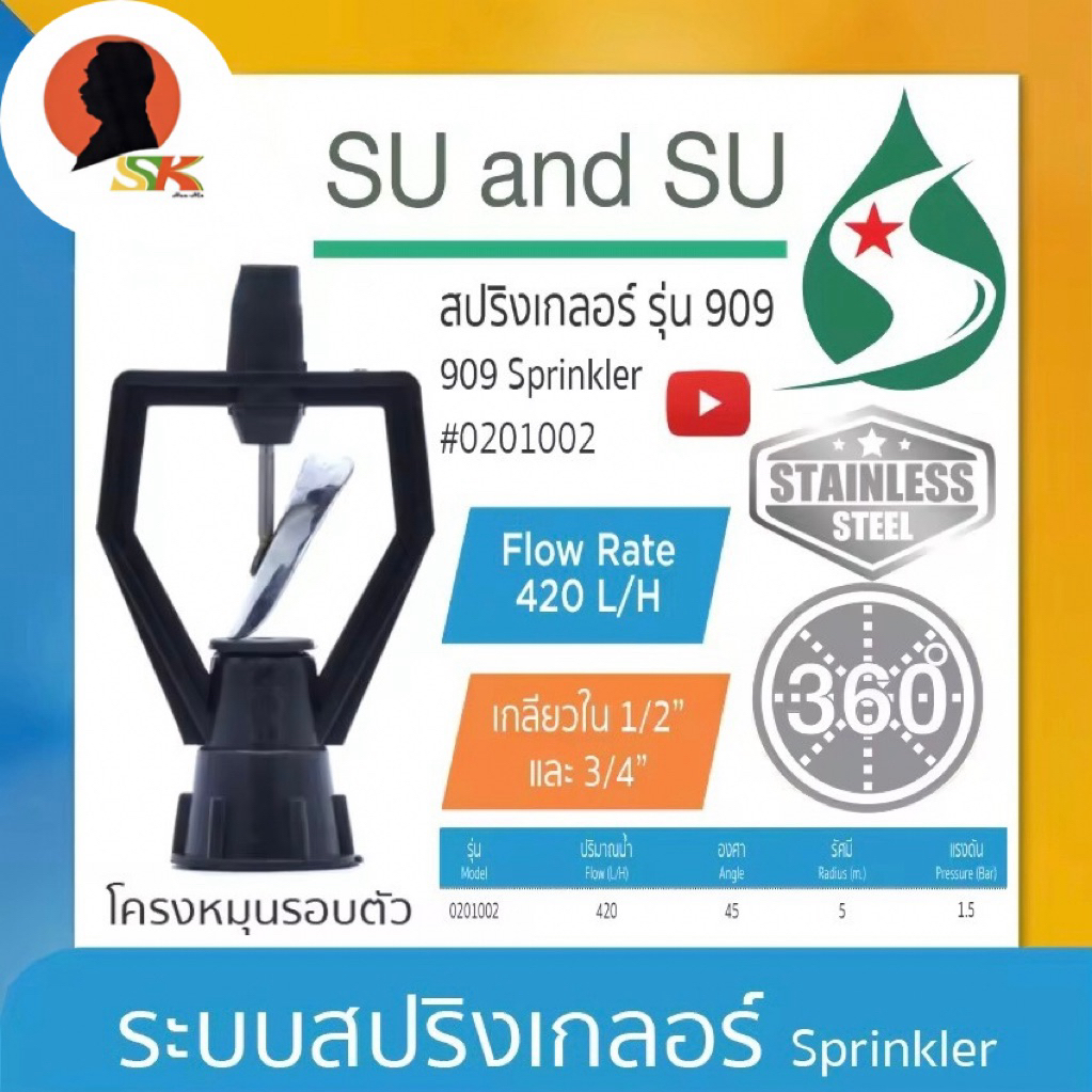 สปริงเกลอร์ ใบพัดสแตนเลส โครงหมุนรอบตัว ขนาดเกลียว 1/2-3/4นิ้ว(4หุล-6หุล) รัศมีของน้ำ 5เมตร ยี่ห้อ S