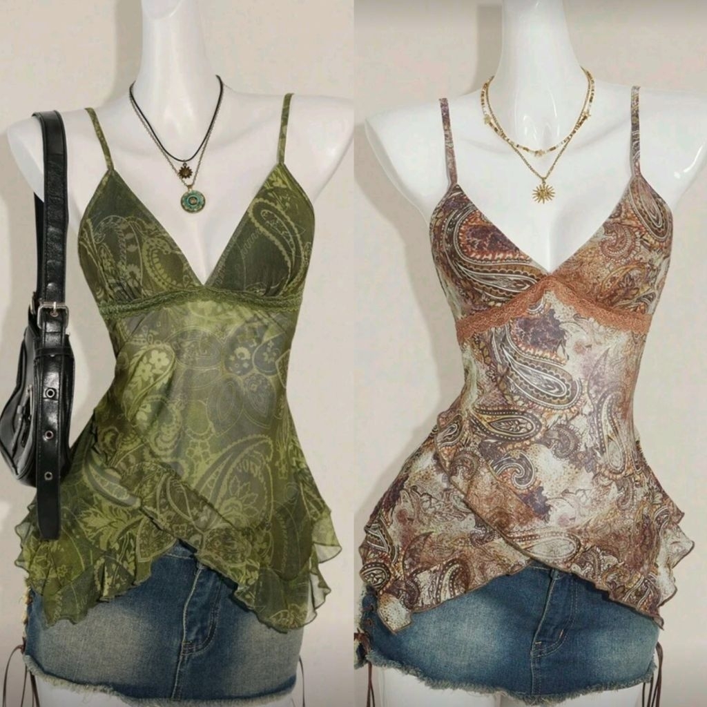 เสื้อสา​ยเดี่ยว​ลาย​ดอกไม้​ คอวี​ ระบาย​ ซีทรู​ สไตล์​โบ​ฮี​เมียน​ I พรี​ออเดอร์​