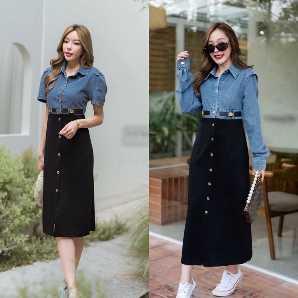 เดรสยีนส์ยาว สีทูโทนผ้ายีนส์ต่อผ้ายืด คอปก แขนสั้น แต่งกระดุมหน้า รุ่นใหม่ 6327