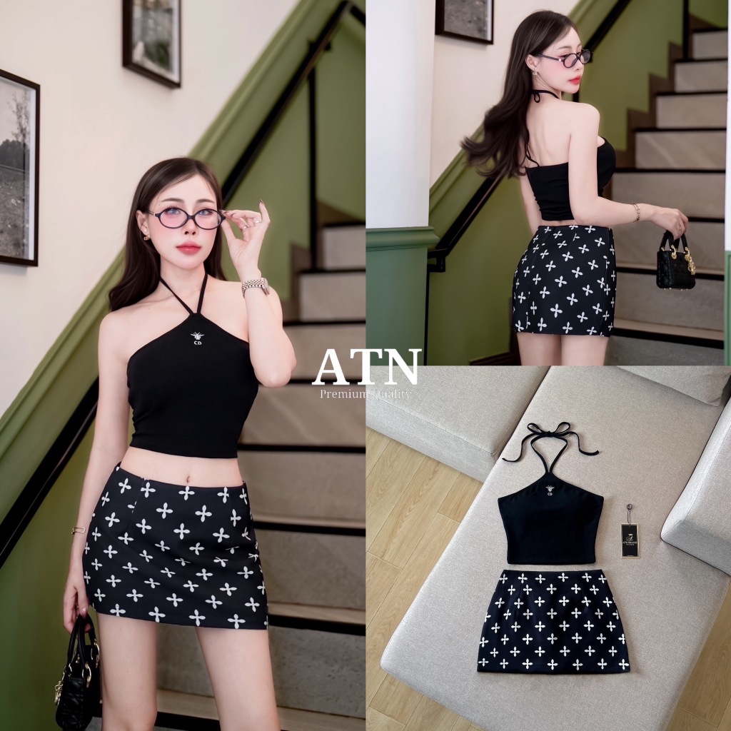 ATN C079 Set เสื้อคล้องคอสีดำ++เอวต่ำ กระโปรง