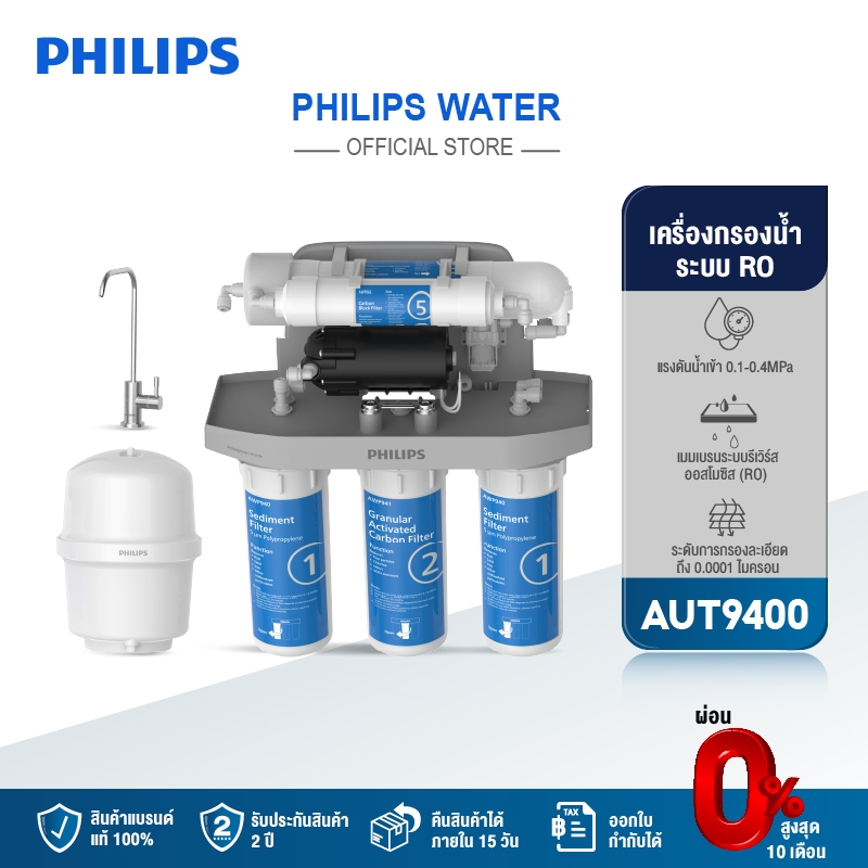 Philipswater AUT9400 เครื่องกรองน้ำดื่มใต้อ่างล้างจาน เครื่องกรองน้ำ กรอง 5 ขั้นตอน ระบบการกรอง RO