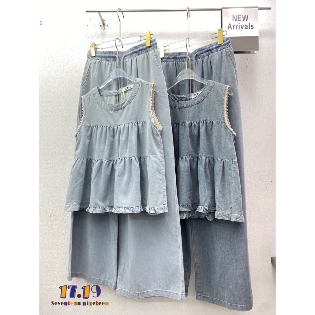 New arrival เซ็ตยีนส์แท้เสื้อแขนกุดแต่งลูกไม้คอตต้อน กางเกงขายาวเอวฟรีไซส์ ทรงสวย ใส่สบาย  #Jeansset015