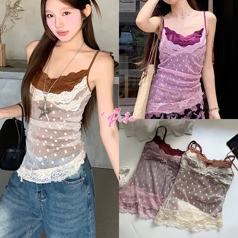 Rita พร้อมส่ง🍒ลูกไม้เสื้อสายเดี่ยว เปิดหลัง สไตล์ฝรั่งเศส ทรงรัดรูป ตาข่าย เสื้อสายเดี่ยวผู้หญิง แฟชั่นเกาหลี แมทซ์ง่าย