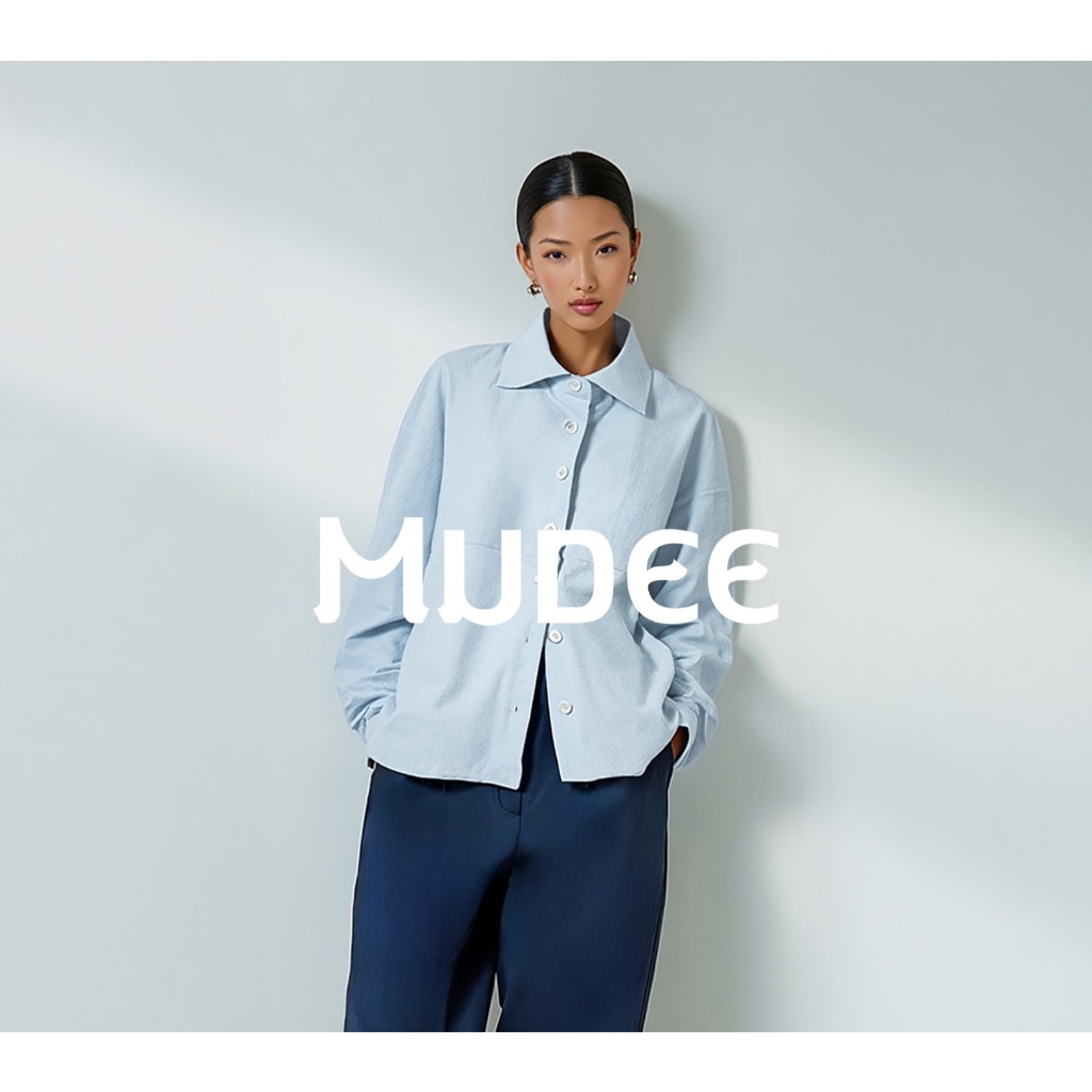 MUDEE เสื้อเชิ้ตลินินแขนยาว สีฟ้า