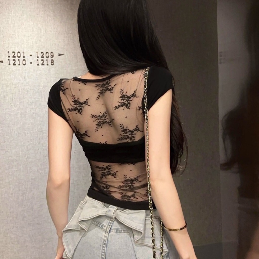 เสื้อยืดแขนสั้นรัดรูปหลังซีทรู  ดีเทลลูกไม้ พร้อมส่งจากในไทย มีฟองน้ำ ใส่สวยเซ็กซี่ รูปที่ 3