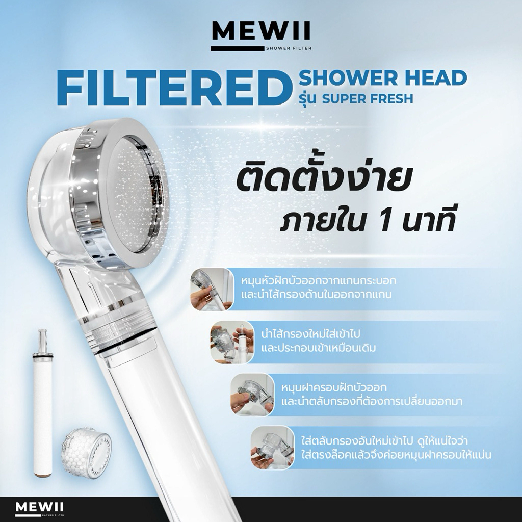 กรองน้ำฝักบัว MEWII นวัตกรรมจากญี่ปุ่น หัวฝักบัวกรองน้ำ ปลี่ยนไส้ได้ กำจัดคลอรีน น้ำนุ่มสบายผิว ฝักบัวสปากรองน้ำ ราคา ถูกที่สุด ดีลบีเคเค แกลเลอรีภาพที่ 5