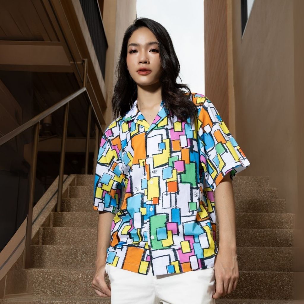 GSP เสื้อคอปกฮาวายผู้หญิง สีขาว ส้ม ฟ้า PBDBWH