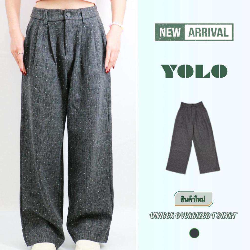YOLO กางเกงขายาว OVERSIZE  ขาบานลำลอง ประดับเพชรพลอย เอวสูง กางเกงผู้หญิง 01152