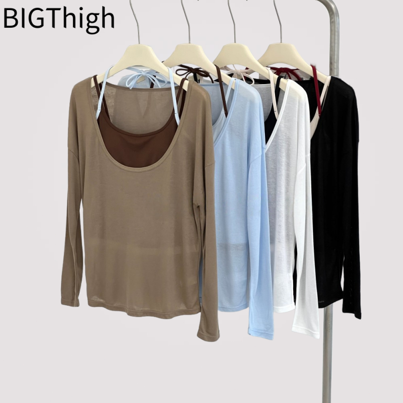 Big Thigh เสื้อโยคะแขนยาว ทรงหลวมคอวีกว้างโชว์เซ็กซี่ ผ้าบางระบายอากาศดี ใส่ได้ทั้งโยคะพิลาทิส