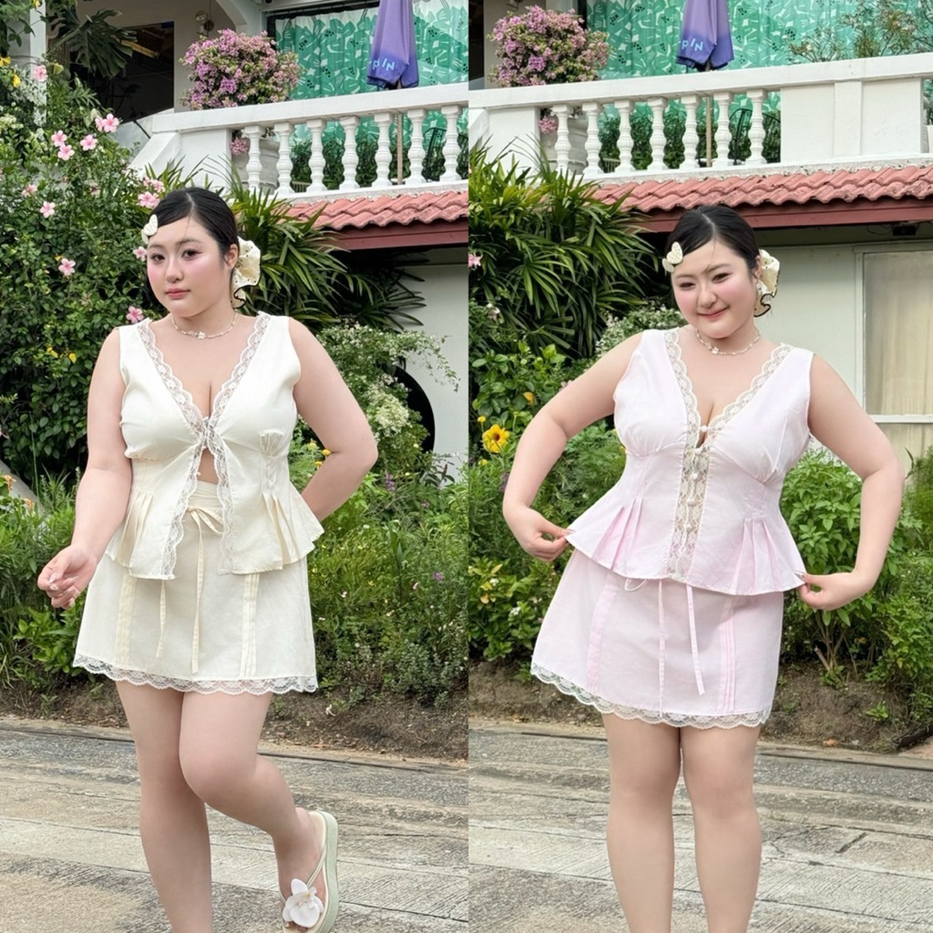 (WR) เซ็ต2ชิ้น เสื้อแขนกุด+กระโปรง แต่งลูกไม้ เรียบร้อย แอบเซ็กซี่เบาๆ สีละมุนสุดๆ เสื้อผ้าสาวอวบอ้วน พลัสไซส์ ไซส์ใหญ่