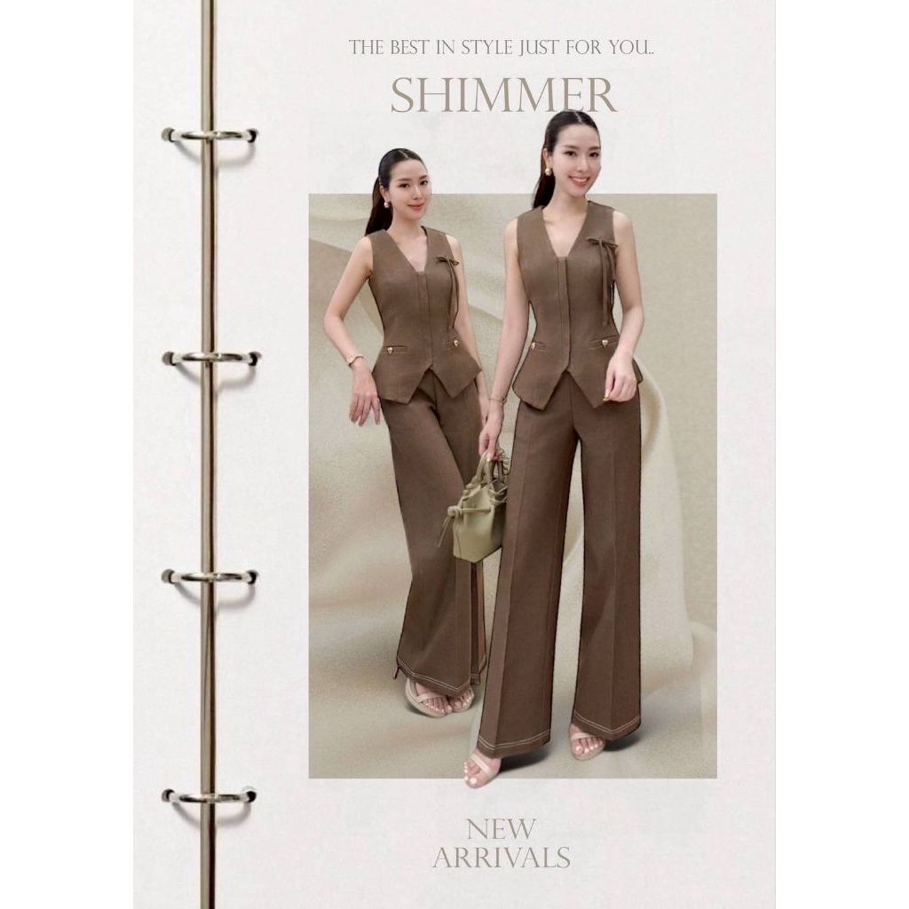 Shimmer set 2 ชิ้นเสื้อคอวีแพทเทิร์นสวยเข้ารูปแต่งโบว์และกระดุมโลหะรูปหัวใจ แมทช์คู่กับกางขายาวทรงกระบอก