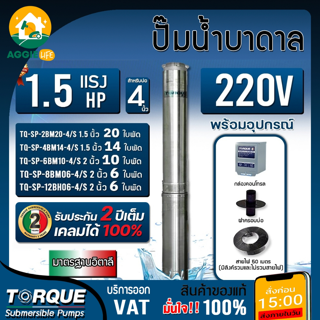 TORQUE ปั๊มบาดาล 1.5 แรง 220V. บ่อ 4 นิ้ว ( มีตัวเลือก ) ซัมเมิส บาดาล ซัมเมิสไฟบ้าน ดูดน้ำ ระบบน้ำ สูบน้ำ ปั๊มน้ำ
