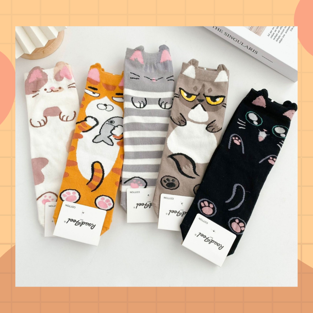 [ส่งจาก กทม.] ถุงเท้าข้อกลาง คอลเล็กชั่นแมวดื้อ งานคอตตอนบาง ใส่สบาย