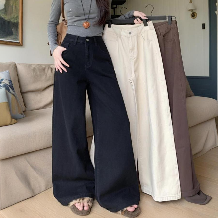 S-6XL 9 สี กางเกงยีนส์ขากว้างสไตล์เรโทรสำหรับผู้หญิง เอวสูง ทรงหลวม ทรงตรง ยาวถึงพื้น