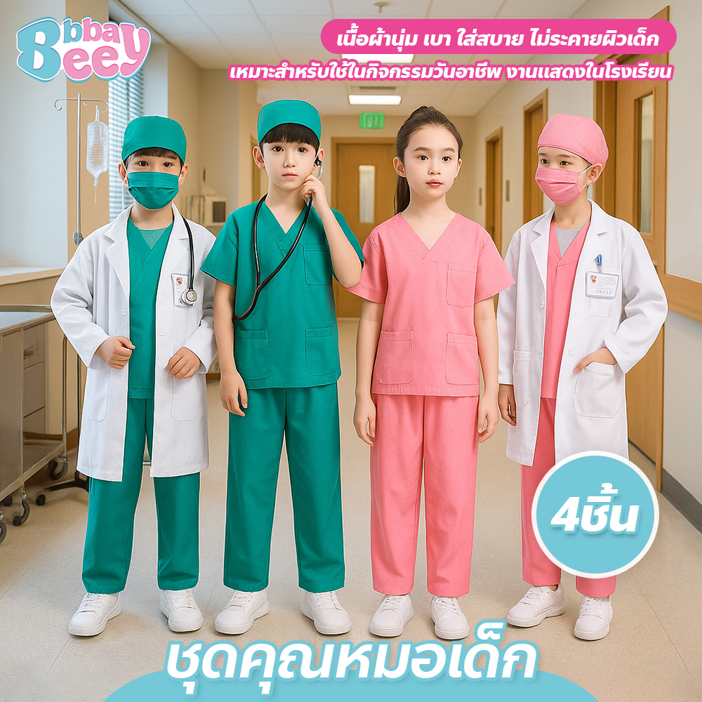 ชุดคุณหมอเด็ก เซต 4ชิ้น มีให้เลือก 2สี เหมาะสำหรับใช้กิจกรรมโรงเรียน