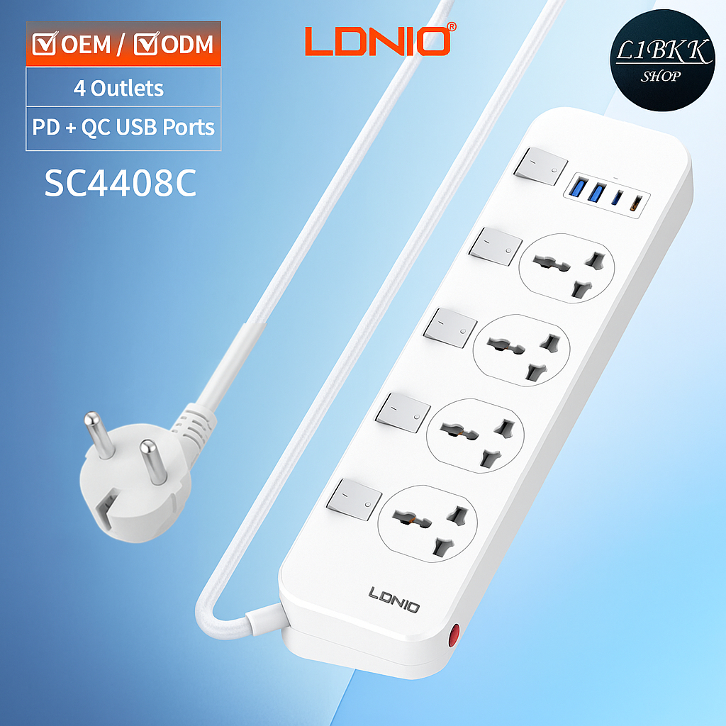 LDNIO ของแท้100% LDNIO SC4408C ปลั๊กพ่วง 4 ช่อง 4 USB 3.4A Max universal outlet Power Strip รองรับไฟ