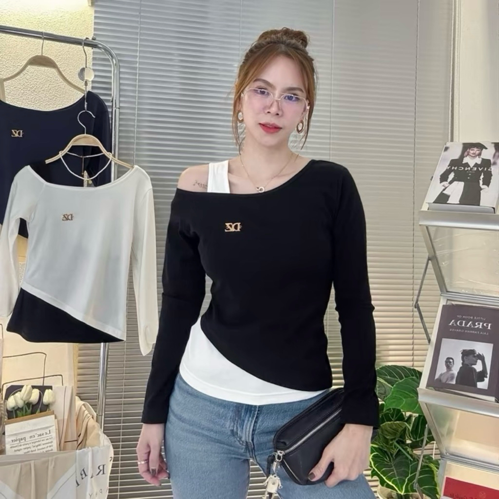 099-100 เสื้อยืดแขนยาว ทูโทนเบี่ยงไหล่ ผ้าCotton supersoft