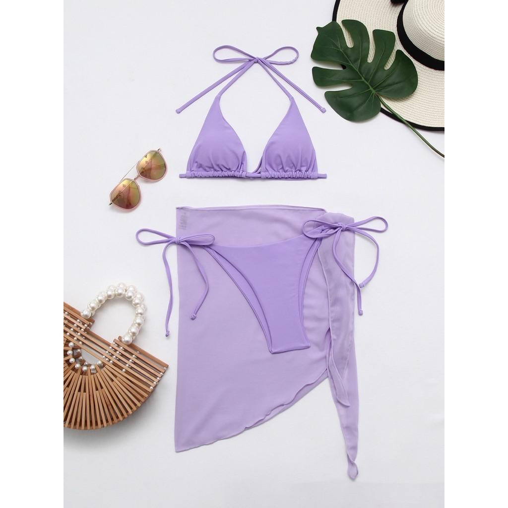 บิกินี่สีพื้น 3 ชิ้นผ้าผูก  พร้อมส่งในไทย🇹🇭 - รูปที่ 3