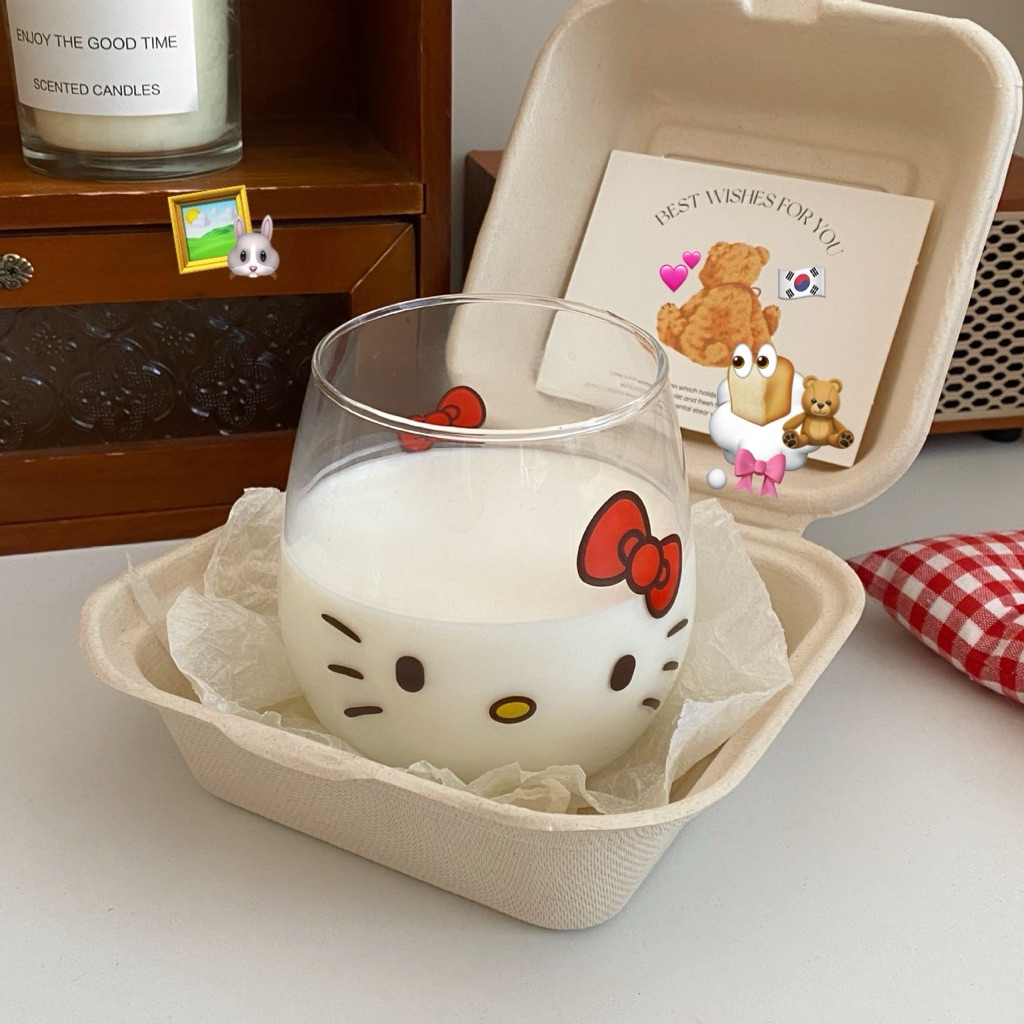 (พร้อมส่งค่ะ🪄) HEYHOMI—แก้วน้ำ (แก้วกระจก/ทรงอ้วนปุ๊กปิ๊ก) ตรีม: คิตตี้ Kitty