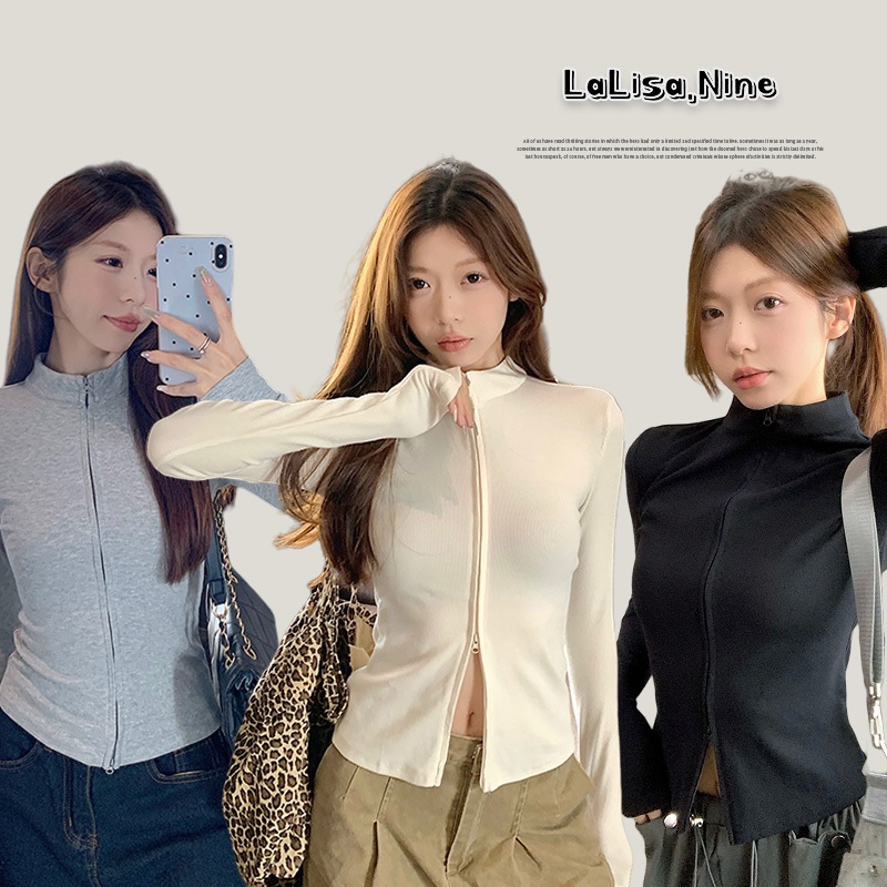 Lalisa พร้อมส่ง เสื้อแจ็คเก็ต มีซิปคู่ เสื้อแขนยาวทรงครอป เสื้อรัดรูป สีพื้นเรียบๆ กีฬาและการพักผ่อน แฟชั่นผู้หญิง