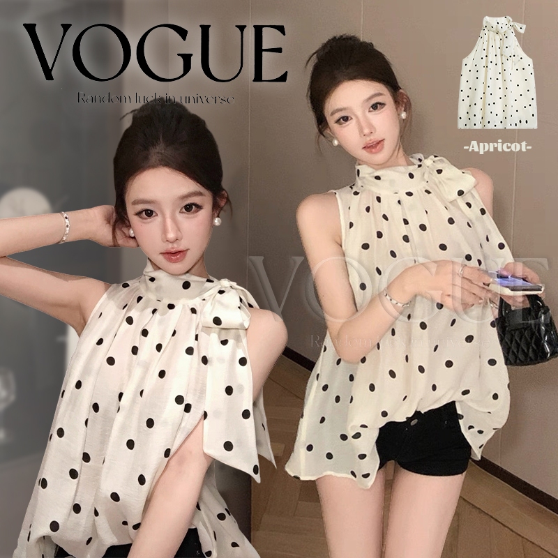 Vogue🌟พร้อมส่ง🌟 เสื้อแขนกุด ลายตุด ผ้าซีทรู สีครีม ผ้าทิ้งตัว (FY2916)