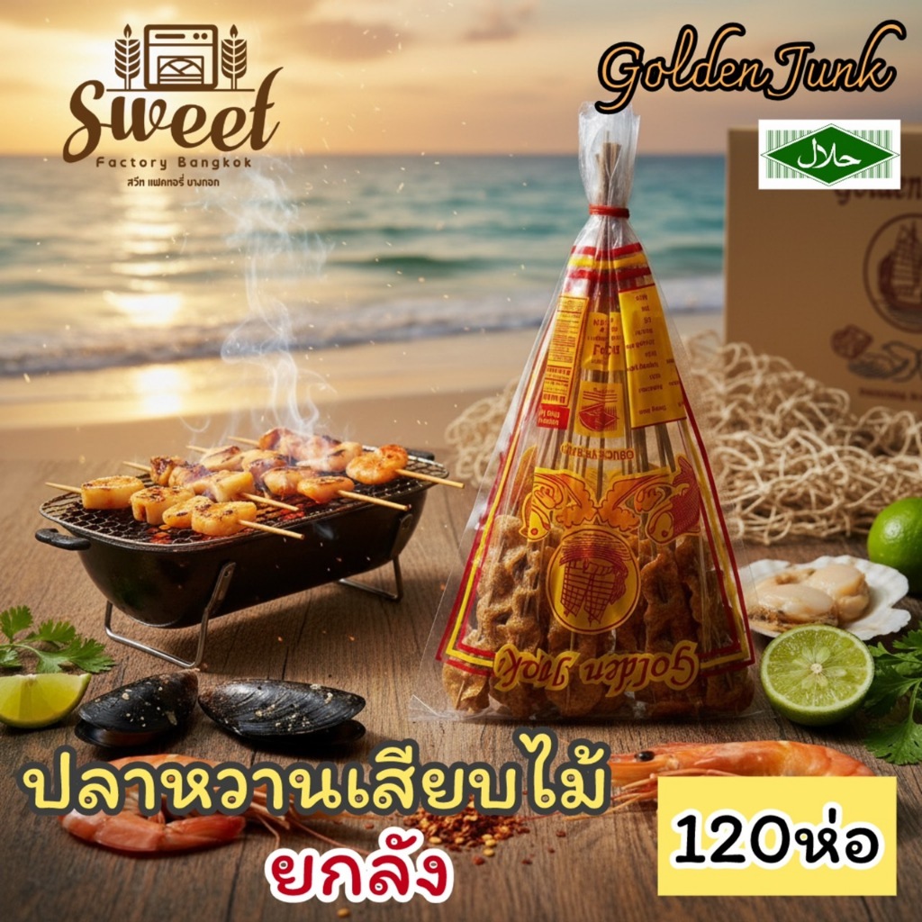 ปลาหวานไม้ ขนมปลาไม้ [ ยกลัง 120 ห่อ] ตรา เรือสำเภาทอง Golden Junk Stay Fish Halal