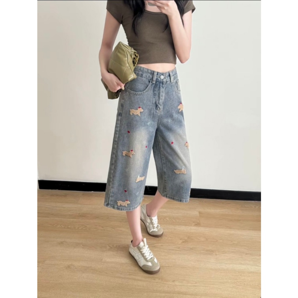 1745-NEWSIZE/S-10XLกางเกงยีนส์4ส่วนทรงหลวมสียีนส์ผ้าใส่สบายปักลายลูกสุนัขใส่ได้ทั้งผู้ชายละผู้หญิง