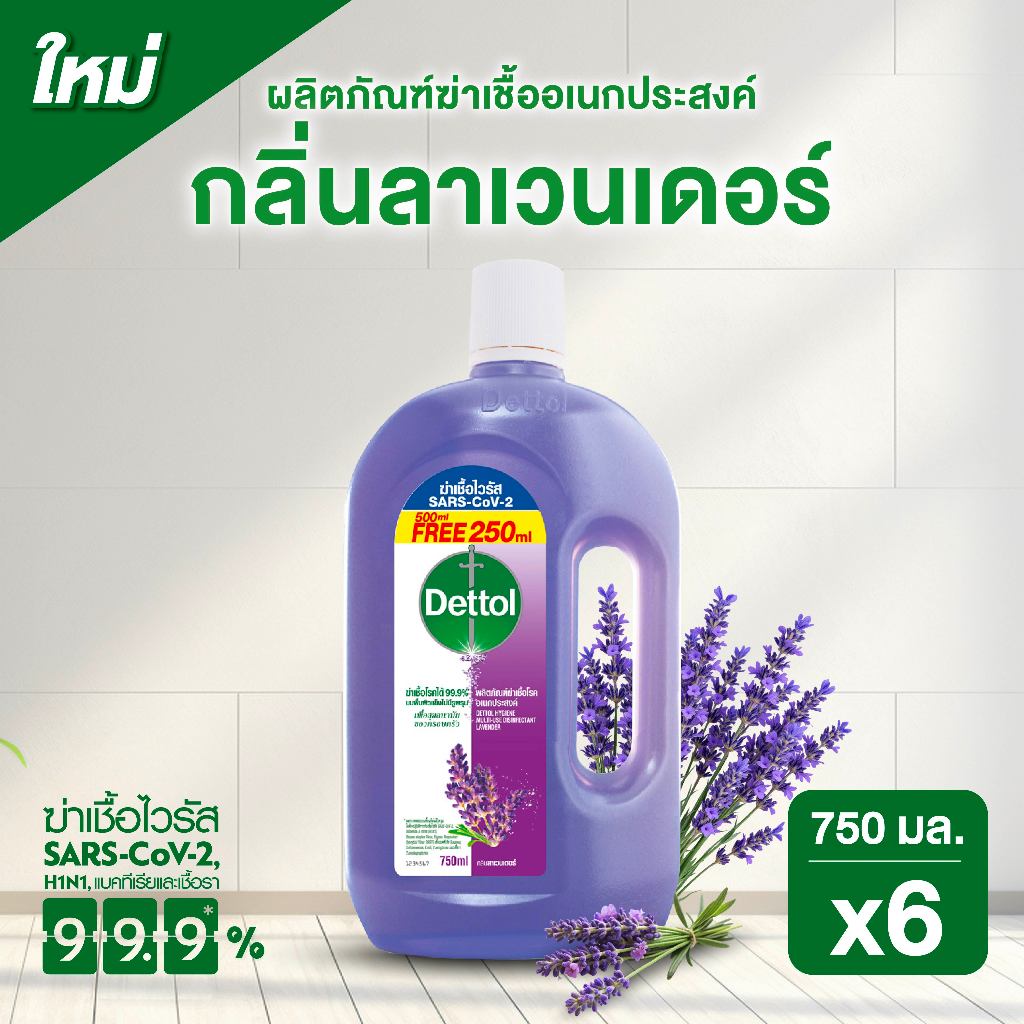 Dettol เดทตอล น้ำยาฆ่าเชื้อเดทตอล น้ำยาฆ่าเชื้อโรค ไฮยีนมัลติ-ยูส น้ำยาถูพื้น สูตรลาเวนเดอร์ 750มล.X6
