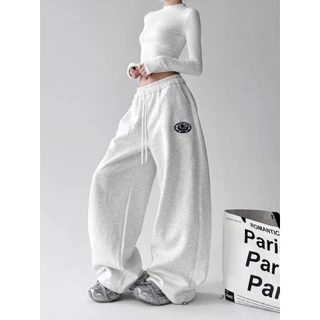 [Trendy font print, sports casual wide-leg pants]กางเกงกีฬาสีขาวพิมพ์ลายเทรนด์สำหรับผู้หญิง กางเกงขากว้างลำลอง