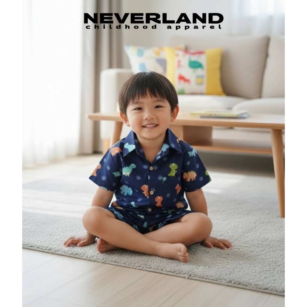 NEVERLAND เชิ้ต + กางเกงสำหรับลูกชาย พิมพ์ลายไดโนเสาร์ สีกรมท่า ผ้า Cotton 100%
