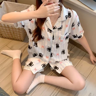 💙ชุดนอนผ้าไหมญี่ปุ่น เนื้อผ้าบางเบาใส่สบายไม่ร้อน ผ้านุ่ม คาร์ดิแกนแขนสั้น+กางเกงขาสั้น ผ้าฝ้ายลายเมฆ L-4XL | พร้อมส่ง