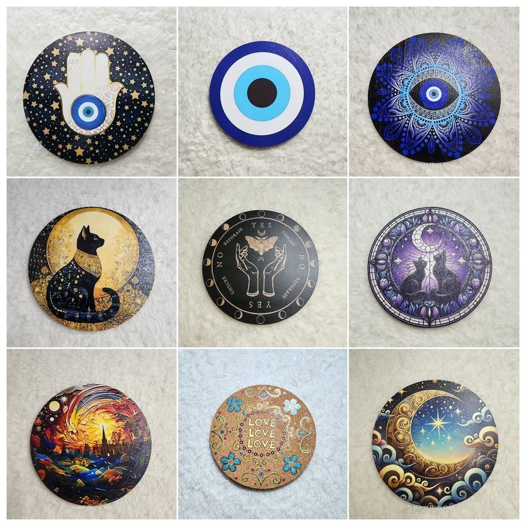 💥พร้อมส่ง‼️🇹🇭 EVIL EYE 🧿 ที่รองแก้วไม้ ที่รองแก้วแมว Hamsa, Cat, Moon, Sun, wicca ตกแต่งบ้าน ของฝาก ของขวัญ