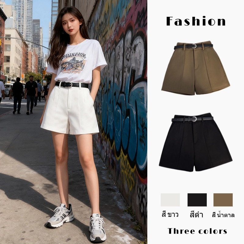 กางเกงขาสั้น มีกระเป๋าข้าง ผ้ายืด ใส่สบาย กางเกงขาสั้นเอวสูง ทรงสวย Women Shorts สไตล์เกาหลี