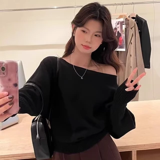 เสื้อไหมพรมแขนยาว เสื้อเปิดไหล่ สีพื้น เนื้อผ้าดี สไตส์เกาหลี