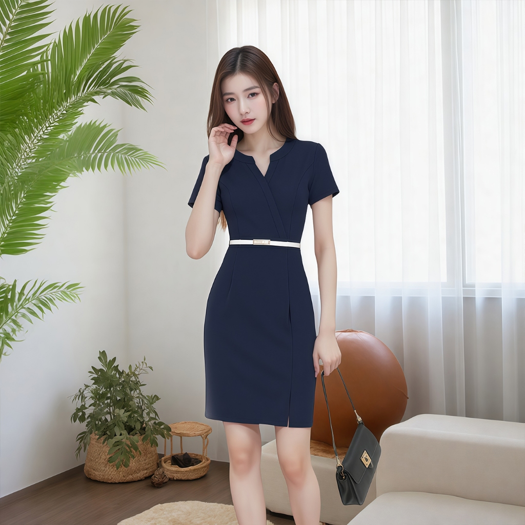 ชุดสูทคอปกกระโปรงสีดำขนาดเล็กฤดูใบไม้ร่วงใหม่ผู้หญิงคอวีอารมณ์บางกระโปรง A-line ชุดกลางความยาว - รูปที่ 3