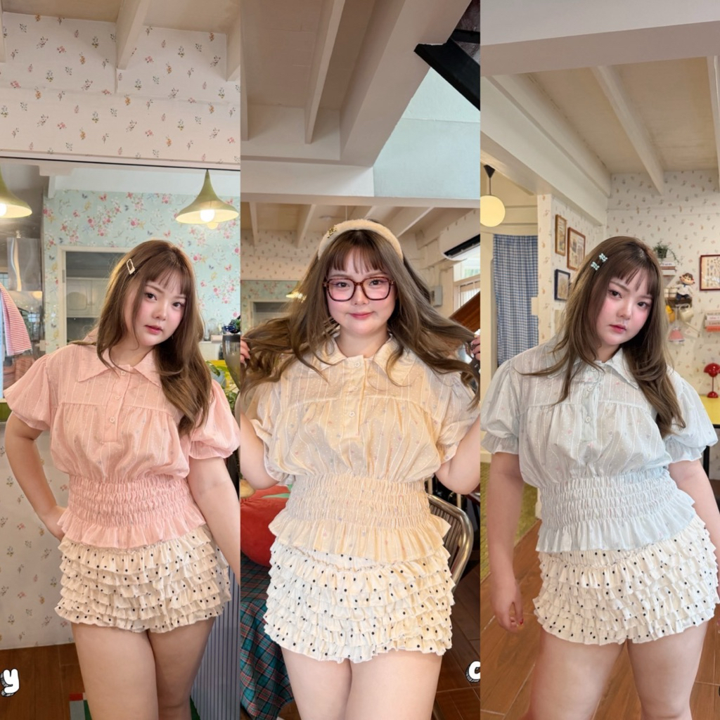 Nami Top - เสื้อคอปกแขนตุ๊กตา ฟรีไซส์ อก 40-52 นิ้ว สม็อคเอวเข้ารูป เสื้อสาวอวบ ไซส์ใหญ่
