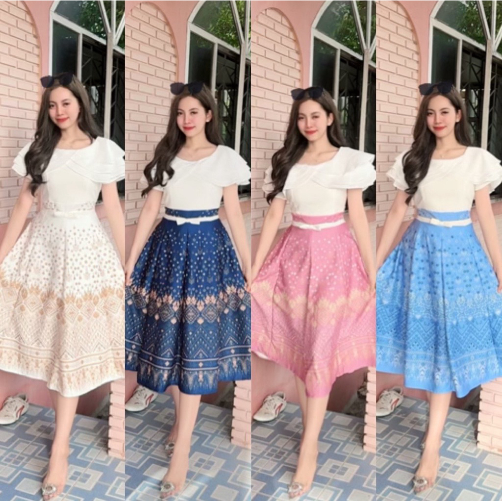 ชุดเดรสผ้าไทยประยุกต์พิมพ์ลายคอแต่งชีฟองสามชั้นสวยละมุน