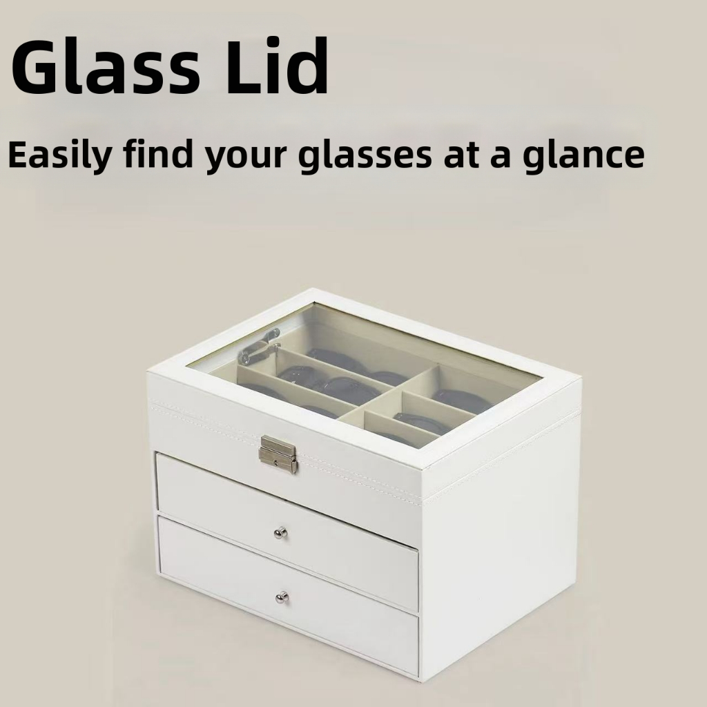 กล่องใส่แว่นตา 18 ช่อง 3ชั้น สีขาว กล่องแว่นตา กล่องเก็บแว่นตา ที่ใส่แว่นตา(PUหนังสีดำ) กล่องของขวัญ Eyewear case