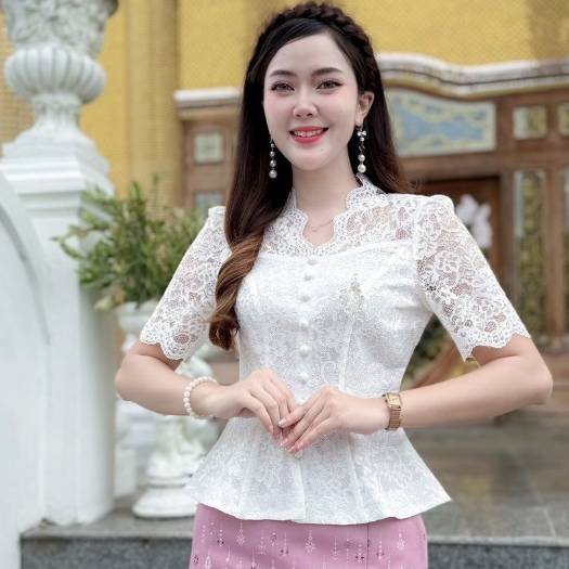 HM - TB เสื้อลูกไม้สีขาวระบายแขนกระบอก 3ส่วน ซิปหลัง รูปที่ 8