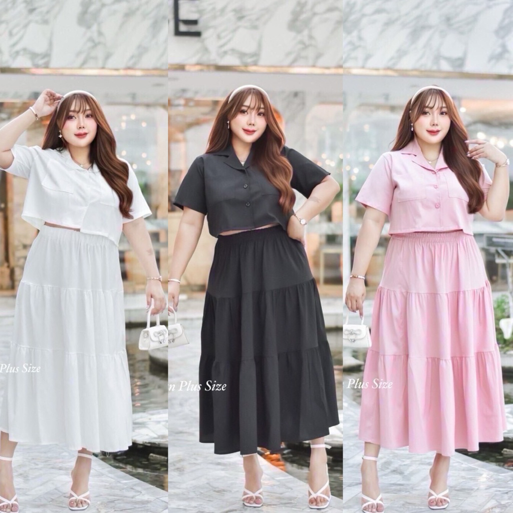 (NK) เซต เสื้อครอปเชิ้ต+กระโปรงยาว สีพื้น ใส่แล้วสวยมาก (อก40-60“) ใครหางานอกใหญ่อยู่แนะนำ เสื้อผ้าสาวอวบอ้วน ไซส์ใหญ่