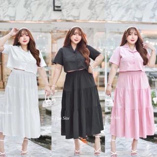 (NK) เซต เสื้อครอปเชิ้ต+กระโปรงยาว สีพื้น ใส่แล้วสวยมาก (อก40-60“) ใครหางานอกใหญ่อยู่แนะนำ เสื้อผ้าสาวอวบอ้วน ไซส์ใหญ่