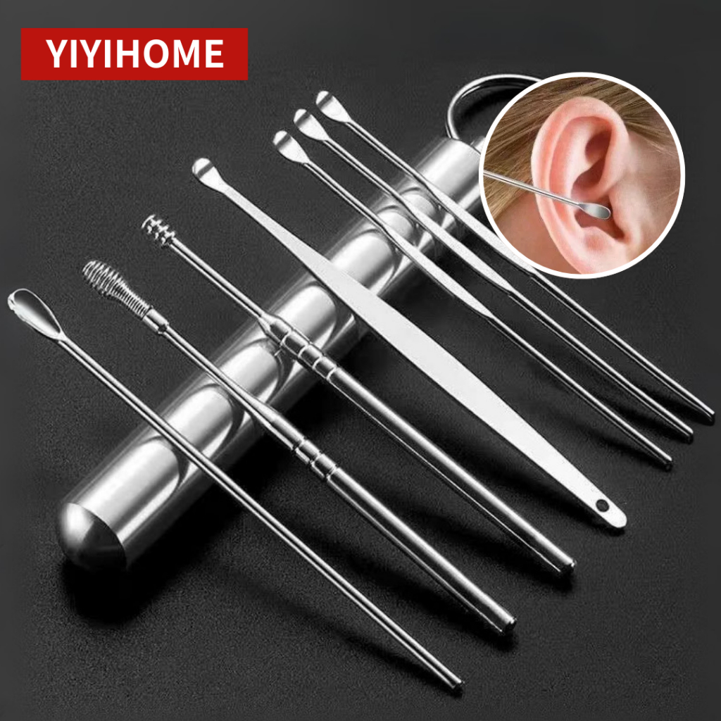 YIYIHOME ชุดไม้แคะหู 6 ชิ้น ไม้แคะหูสแตนเลส อุปกรณ์ทำความสะอาดหู ที่แคะหูพร้อมกล่อง พกพาสะดวก