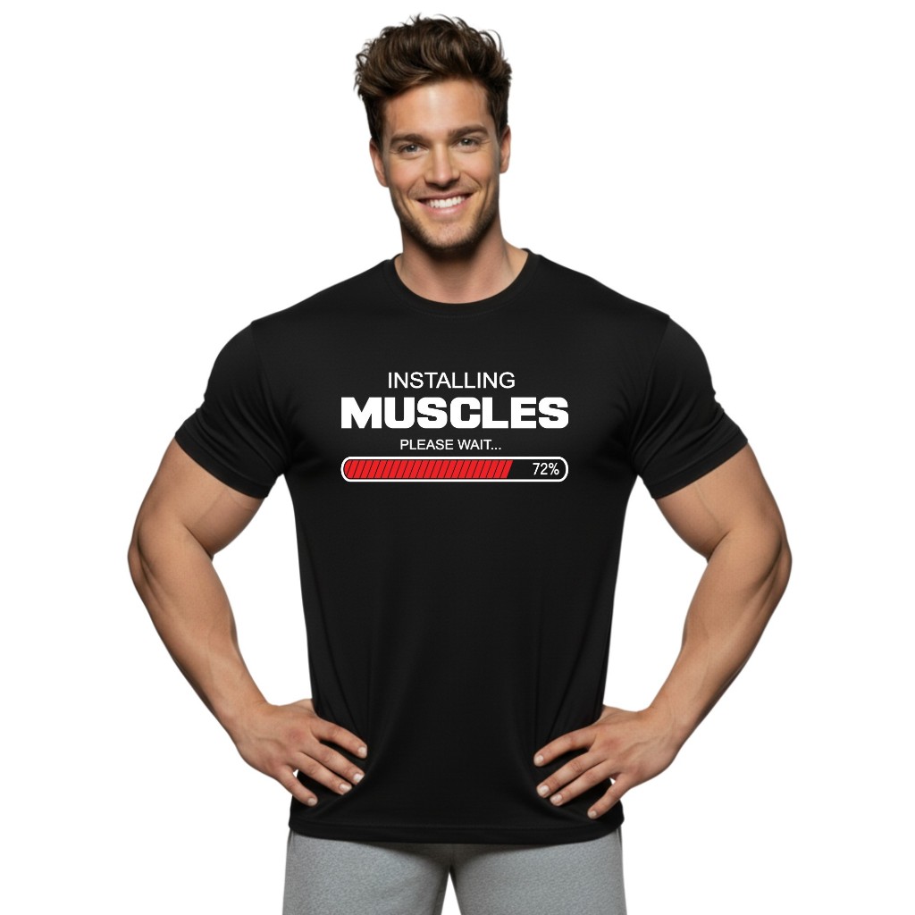 INSTALLING MUSCLES เสื้อยืดแขนสั้นผู้ชาย Men’s Gym Workout Bodybuilding Muscle T-Shirt