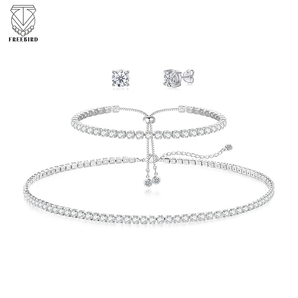 freebird Tennis Necklace Bracelet for Women, Sterling Sliver, Dainty Chocker Necklace