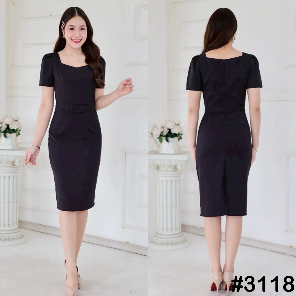 VG3118 เดรสแขนตุ๊กตา เข็มขัดถอดได้ ชุดออกงานทางการ ทรงสุภาพ ชุดพิธีการ เดรสทำงาน [LUXURY707]