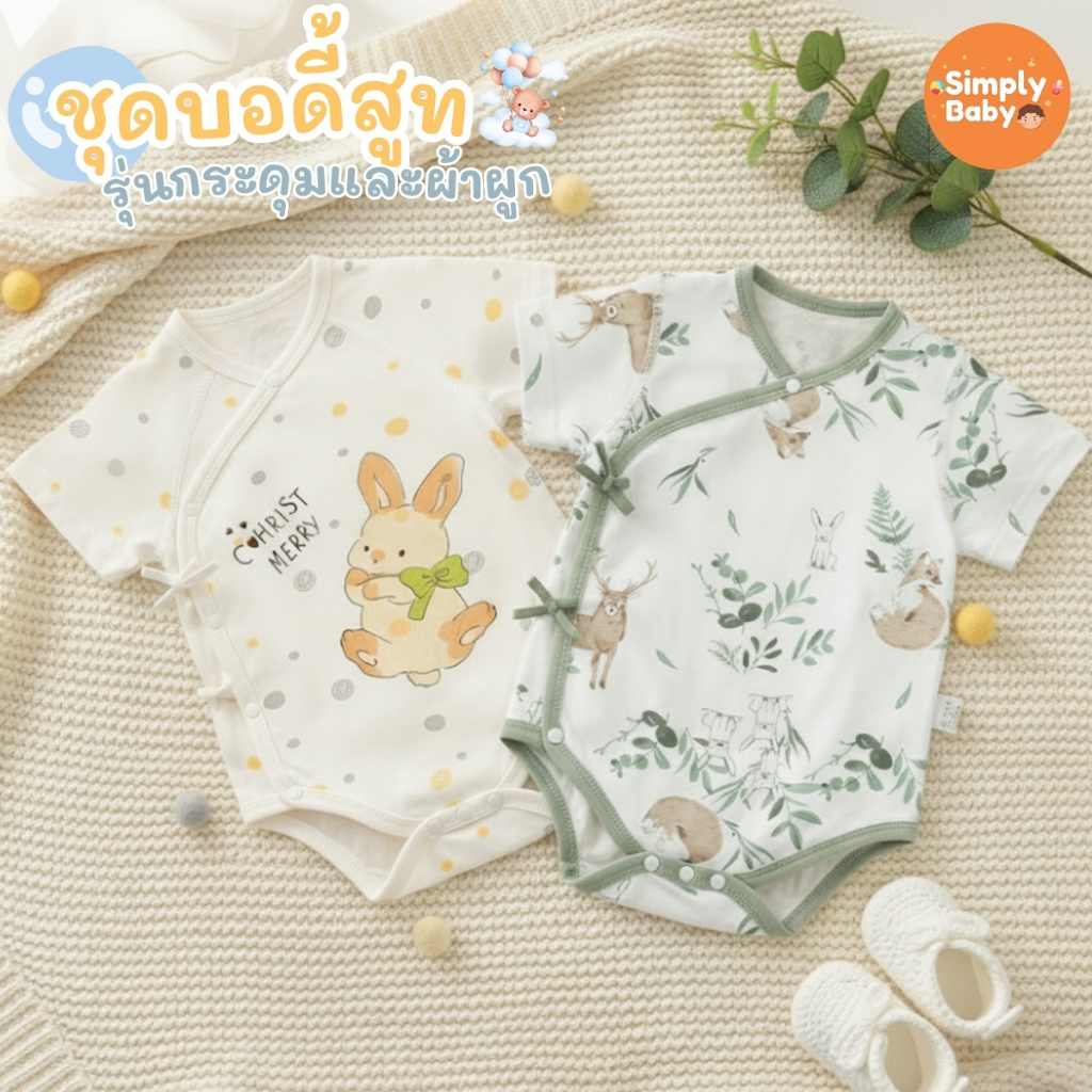 Simply Baby ชุดบอดี้สูท ผ้านุ่ม แขนสั้น ชุดแรกเกิด ป้ายหน้า ผ้าคอตตอน สำหรับ 3 เดือน - 1ปี