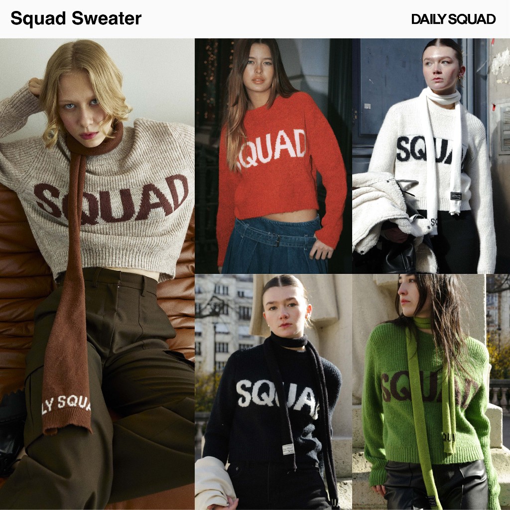 DAILY SQUAD - SQUAD SWEATER สเวสตเตอร์ สควอด คอตต้อนผสมวูล ตัวหนังสือ กับ สีพื้นจะทอต่างกัน ดริปเฉดสีของเส้นด้าย