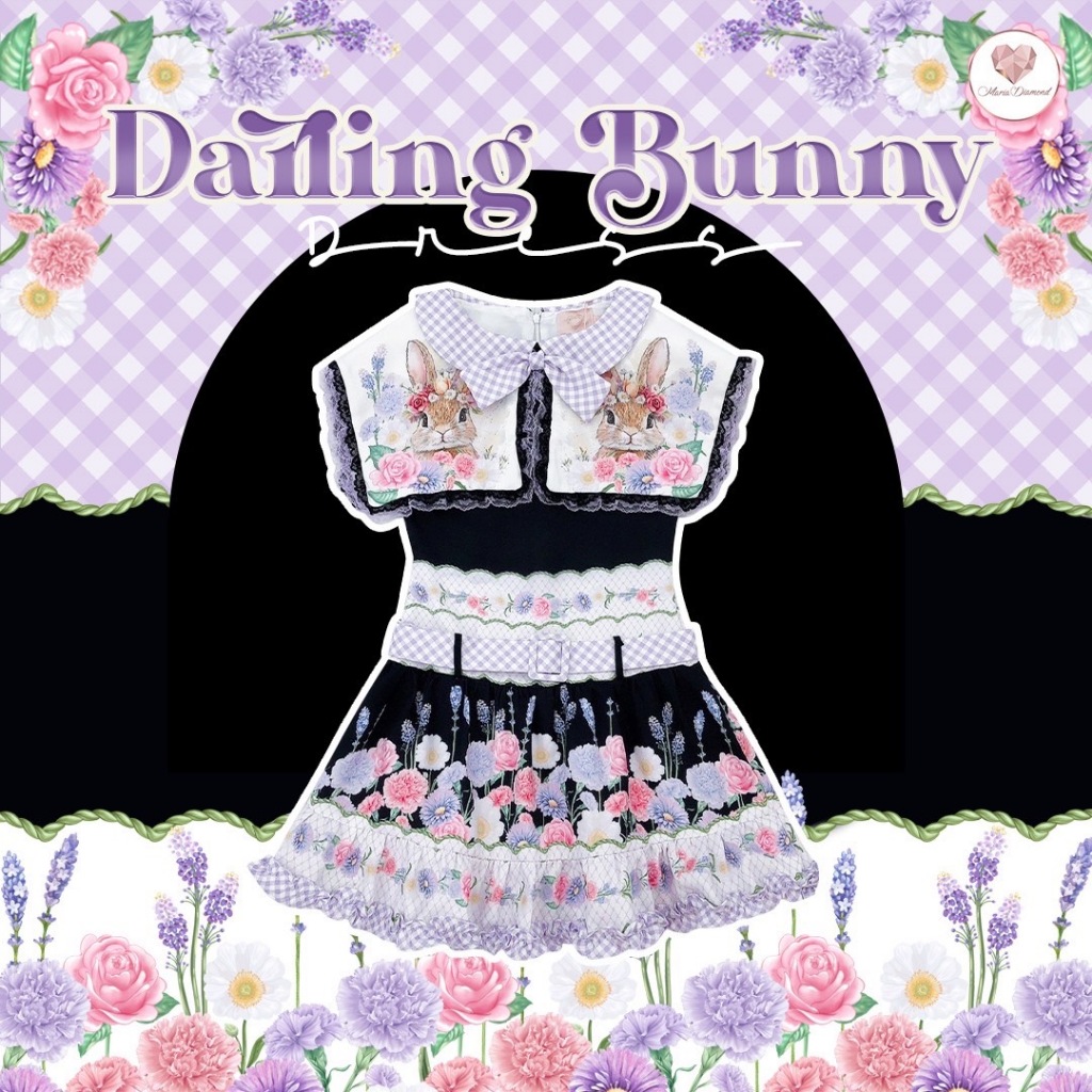 (มี3XL) Maria Diamond สีม่วงดำ Darling Bunny Dress เดรสปกกะลาสีพิมพ์ลาย ผ้าเปเป้พิมพ์ลาย แต่งเข็มขัด ซิปหลัง มีซับใน