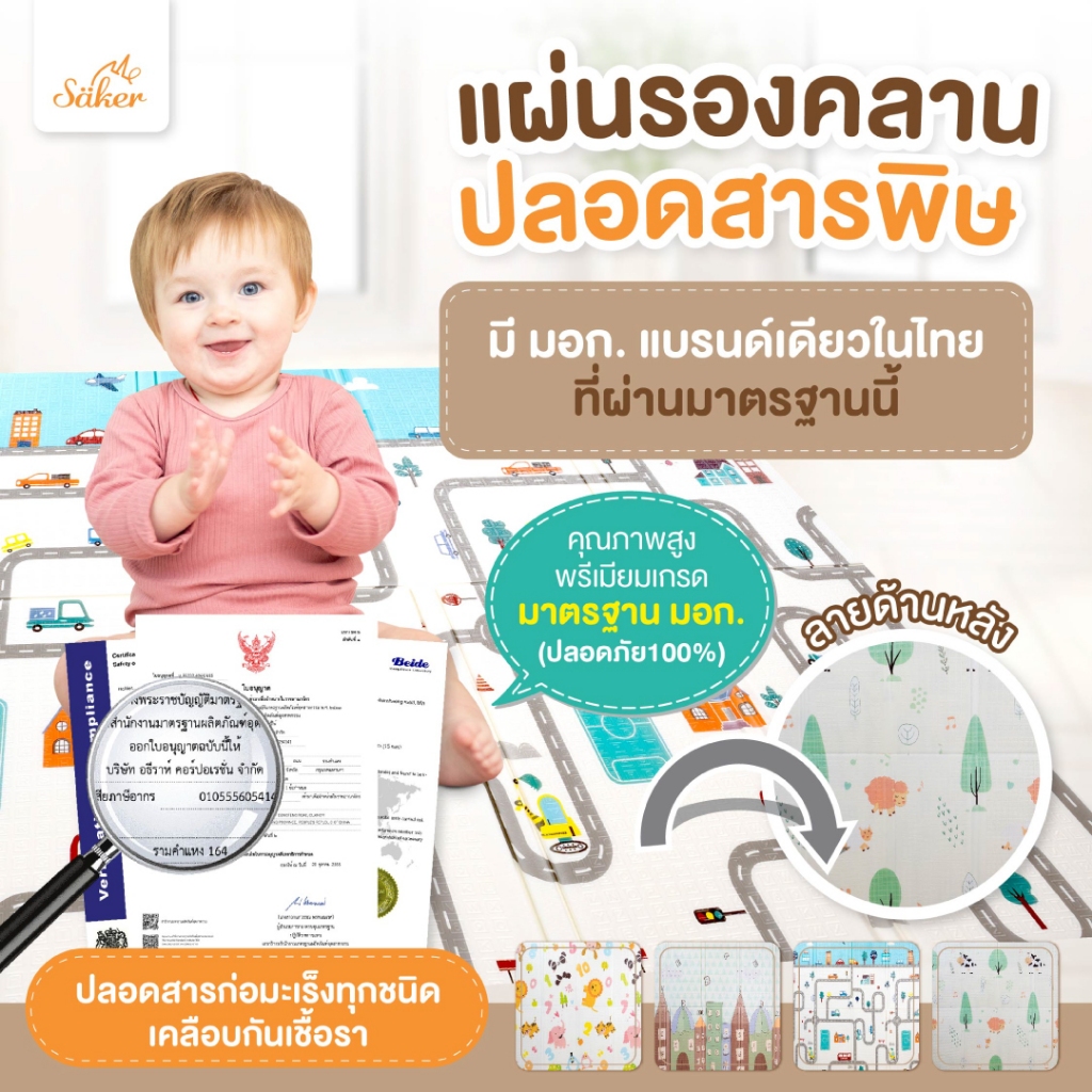 [มีใบเซอร์ปลอดสารพิษ,สารก่อมะเร็งจากSGS]แผ่นรองคลาน Saker แบบพับได้2ด้าน2ลาย คุณภาพสูง มาตรฐานยุโรป