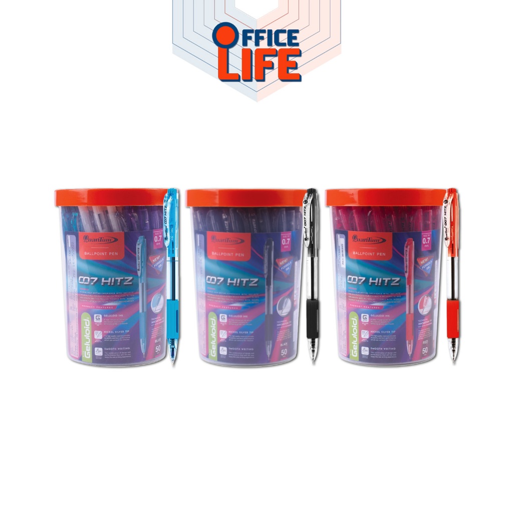 Quantum (ควอนตัม)  ปากกาลูกลื่น รุ่น Geluloid 007 Hitz ขนาด 0.7 หมึกน้ำเงิน แดง ดำ  ( 50 ด้าม / กระปุก )